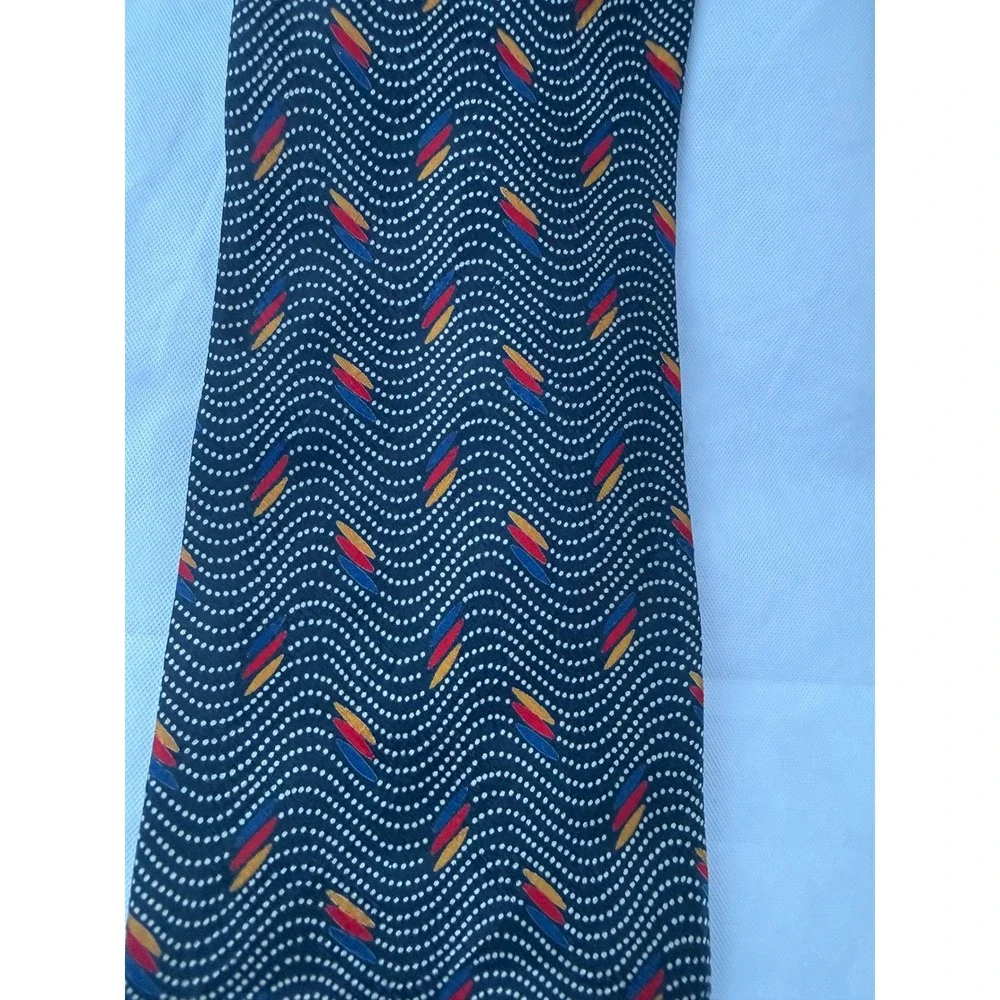 Stefano Milano Silk Tie Navy Blue Wavy Dotted Geometric Red Yellow Blue Italy